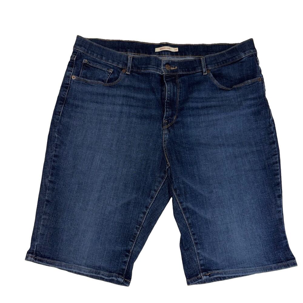 Levis Classic Bermuda Shorts Womens 34 Blue Dark Wash Stretch Denim 12" Inseam